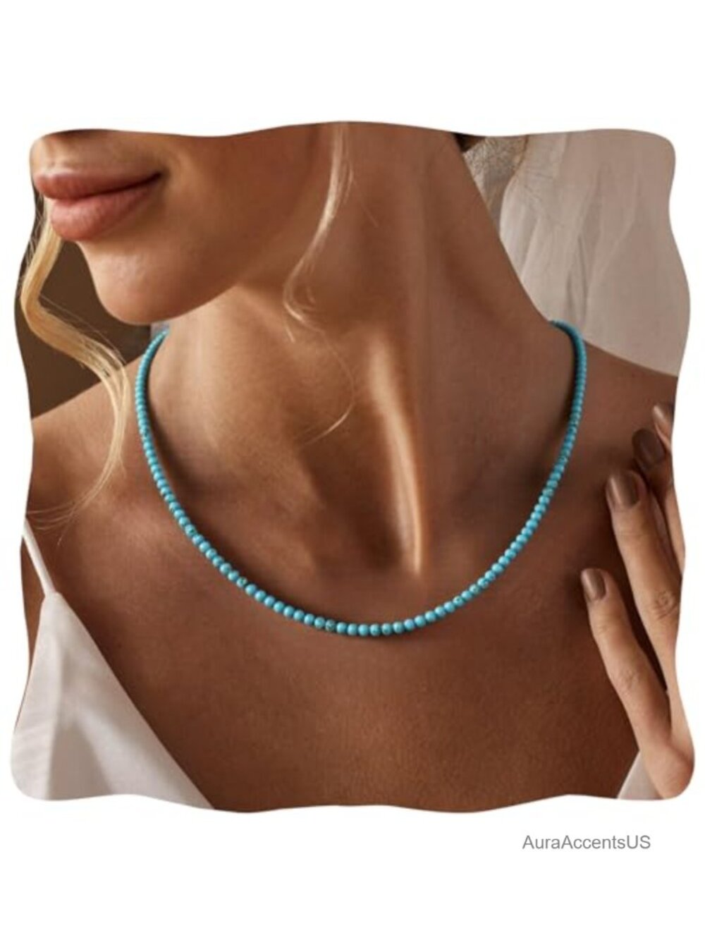 Turquoise Beaded Necklace 3mm Gemstone Choker Adjustable 16+2 Inch